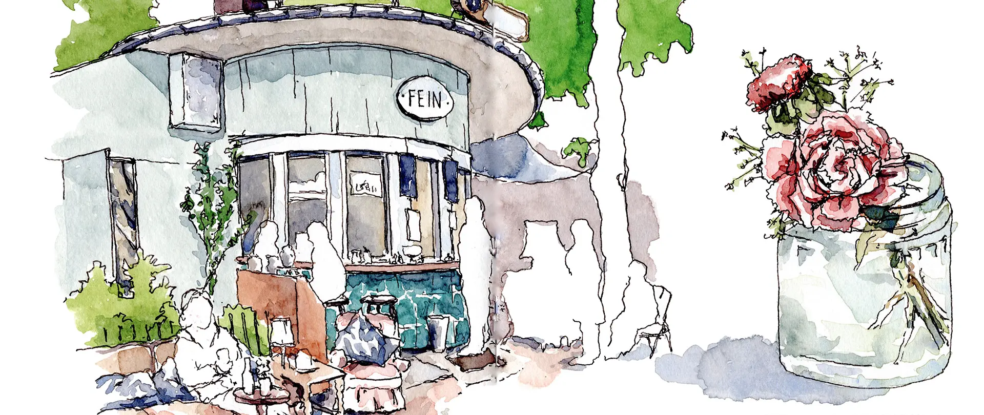 2027: 24 - 25. Juli · Danny Hawk · Hamburg · Architektur, Urban Sketching, Landschaft, Sketching · Deutsch Urban Sketching Crash Kurs Urban Sketching Beispiel: Aquarellzeichnung eines Cafés mit Garten, Menschen und Blumen in einem Glas, kombiniert mit urbaner Skizzenkunst
