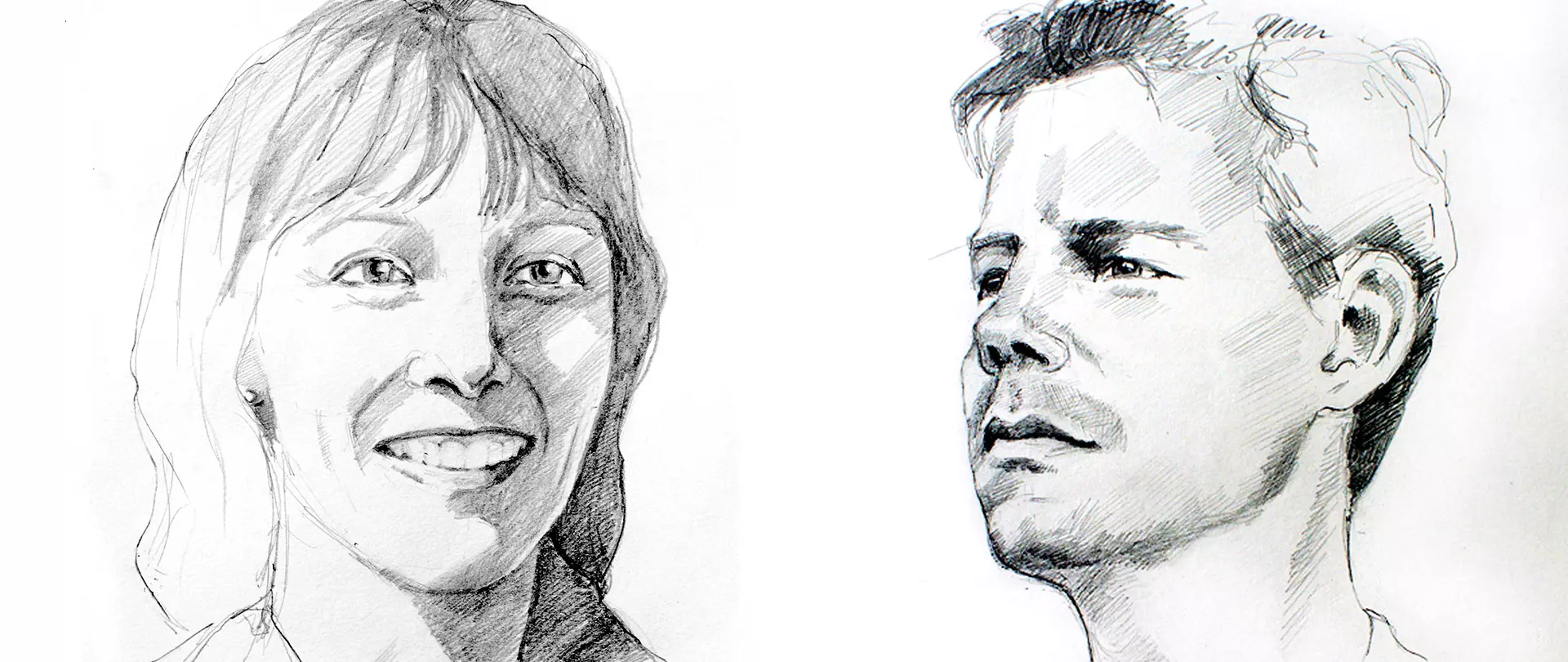 Bleistiftzeichnungen von einem lächelnden Frauenporträt und einem nachdenklichen Männerporträt zur Darstellung von Portrait- und Figurenzeichnungstechniken