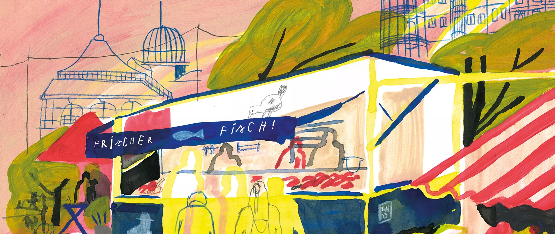 Urban Painting in Hamburg zeigt einen Fischstand mit blauem Banner 'Frischer Fisch' und stilisierte Menschen in Gelb vor einem rosa Himmel und Gebäuden erstellt von artistravel Dozentin Anni von Bergen