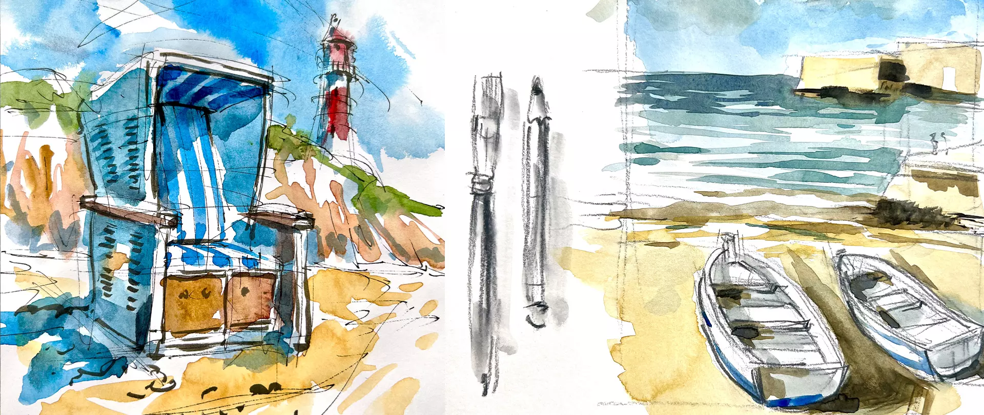 Strandkorb, Leuchtturm und Boote in lockerem, skizzenhaftem Aquarellstil mit Figurenzeichnung als künstlerische Atelier-Übung
