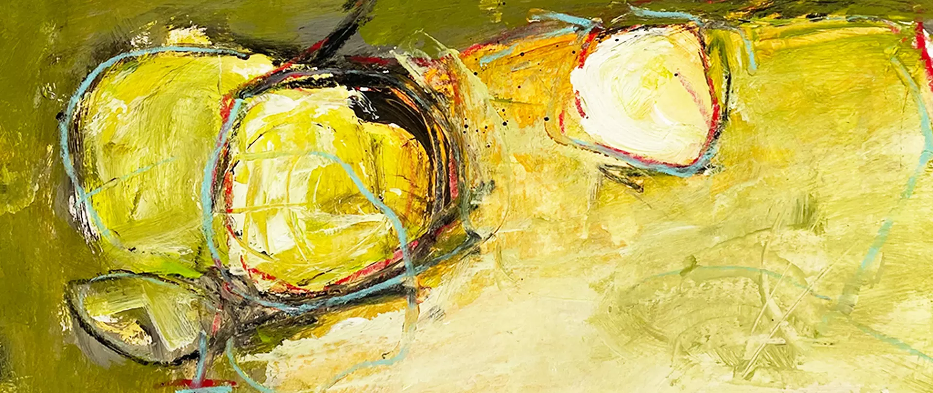 Abstraktes Acrylgemälde mit kreativen Formen in GElb, ertsellt von artistravel Dozentin Brigitte Weber