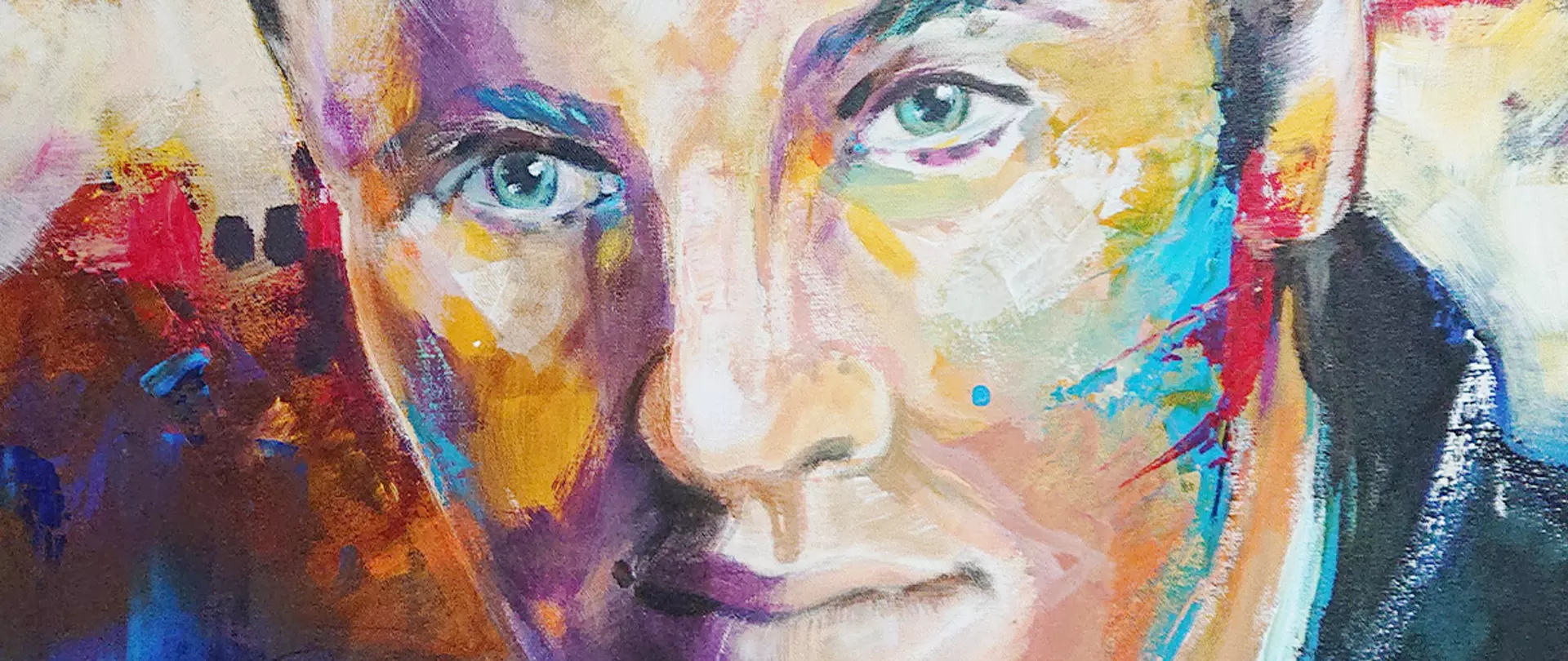 Farbenfrohes Porträt eines menschlichen Gesichts in einem Malstil zwischen realistisch und abstrakt mit lebendigen Farbverläufen