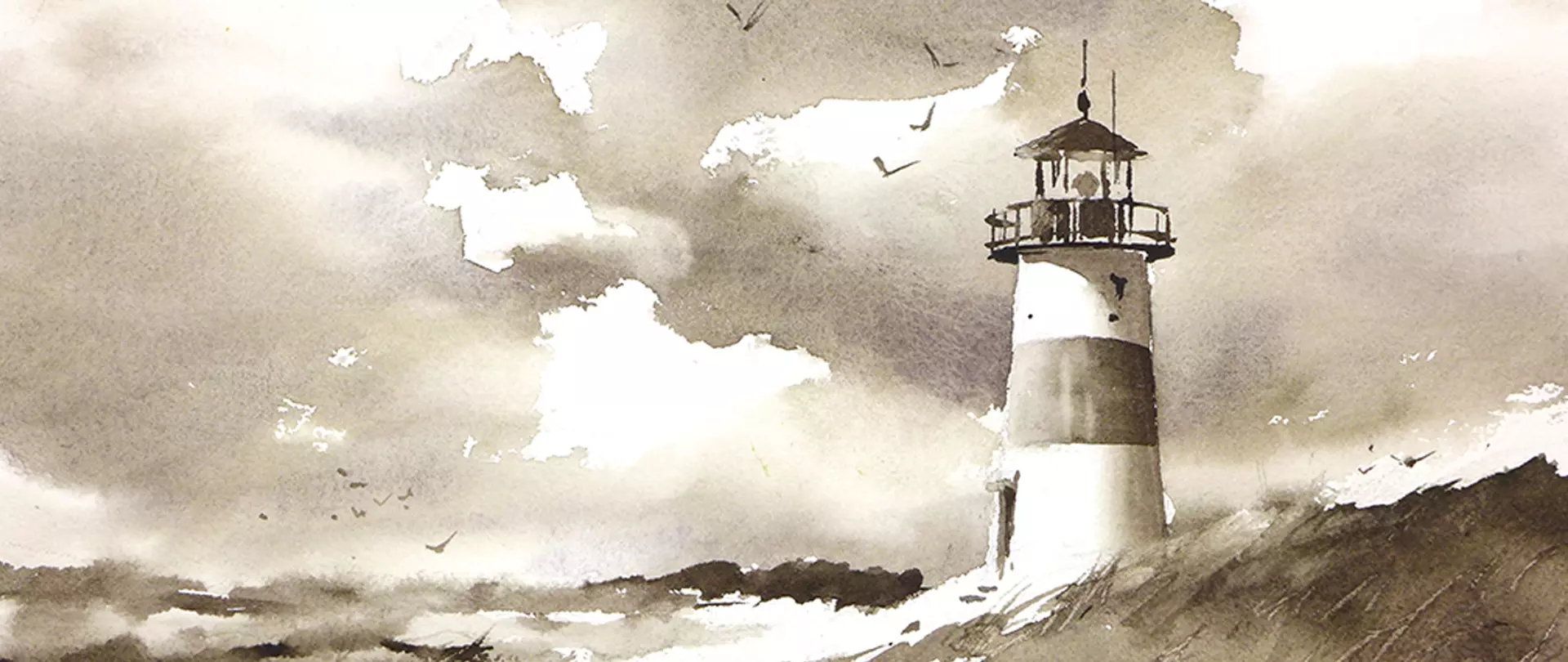 Leuchtturm an Küste in Aquarelltechnik mit stimmungsvollen Wolken und Vögeln, vermittelt Bildaufbau und Harmonie in der Malerei