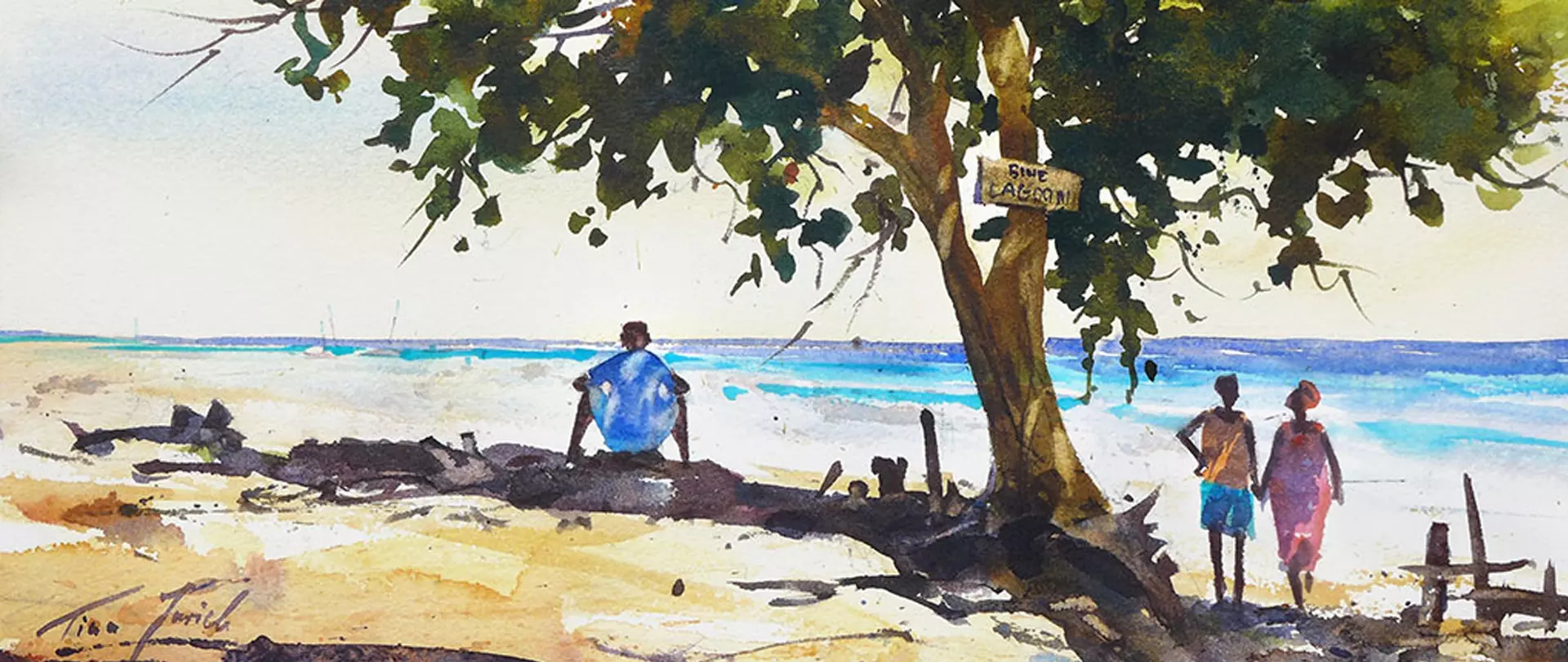 Aquarellmalerei mit einer sitzenden Person am Strand, zwei Spaziergängern und einem Baum mit einem Schild, das eine lebendige Figurenkomposition zeigt