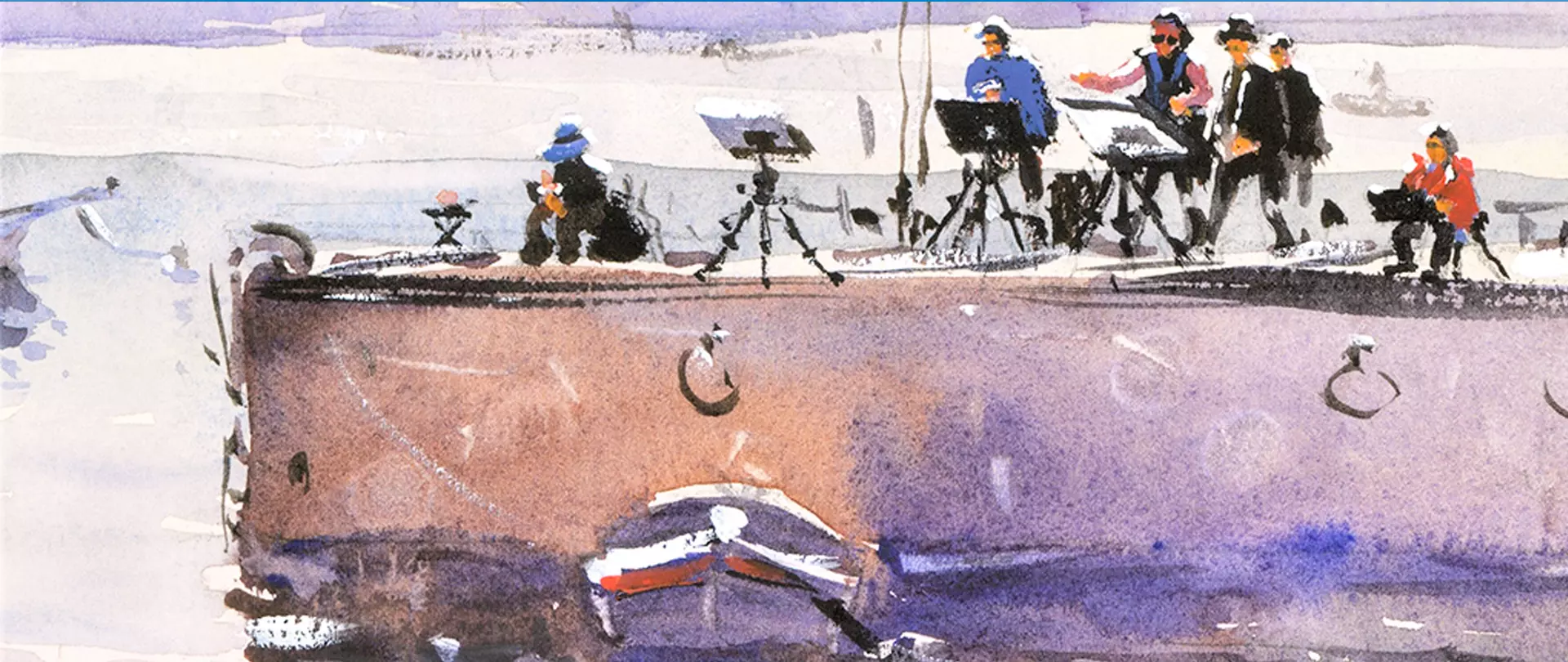 Aquarell eines Hafens in Venedig mit mehreren Personen auf einem Boot, einige sitzen auf Stühlen und eine Person gestikuliert, erstellt von artistravel Dozentin Barbara Hirsekorn