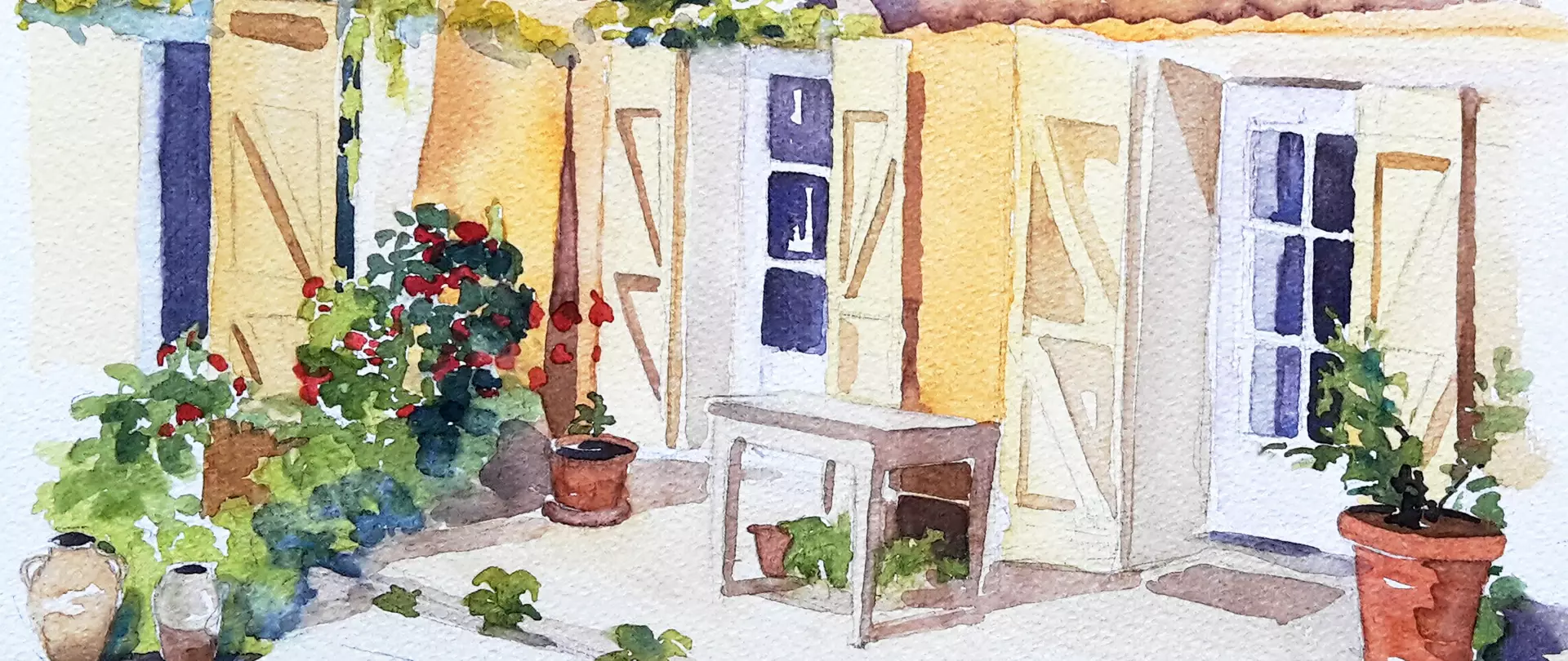 Pleinair-Aquarell einer Wiener Straßenszene mit sonnendurchfluteten Hauswänden, Blumen und Tischen als Inspiration für den Malerkurs von Karin Gorgas