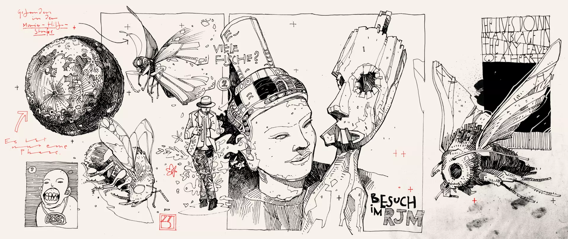 Surreale Zeichnung mit Mond, Insekten, menschlichen Gesichtern und Masken als kreative Skizzenbuch-Motive zur künstlerischen Weltentdeckung