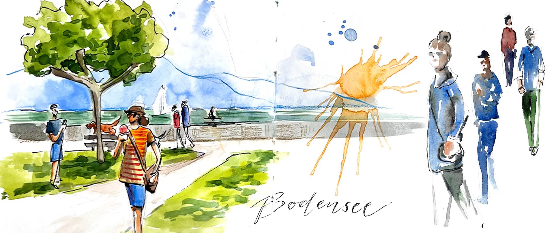 Menschen in lockerer Atmosphäre am Bodensee in Aquarell, zeigt Urban Sketching-Techniken für lebendige Zeichnungen mit menschlichen Figuren