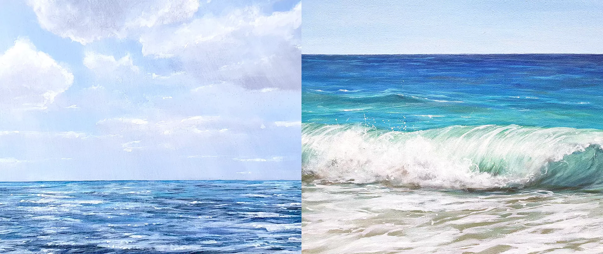 Zweiteiliges Acrylbild, auf der linken Seite ruhiges Meer unter bewölktem Himmel, rechts eine Welle, die am Strand bricht in Acryl, erstellt von Elena Romanzin