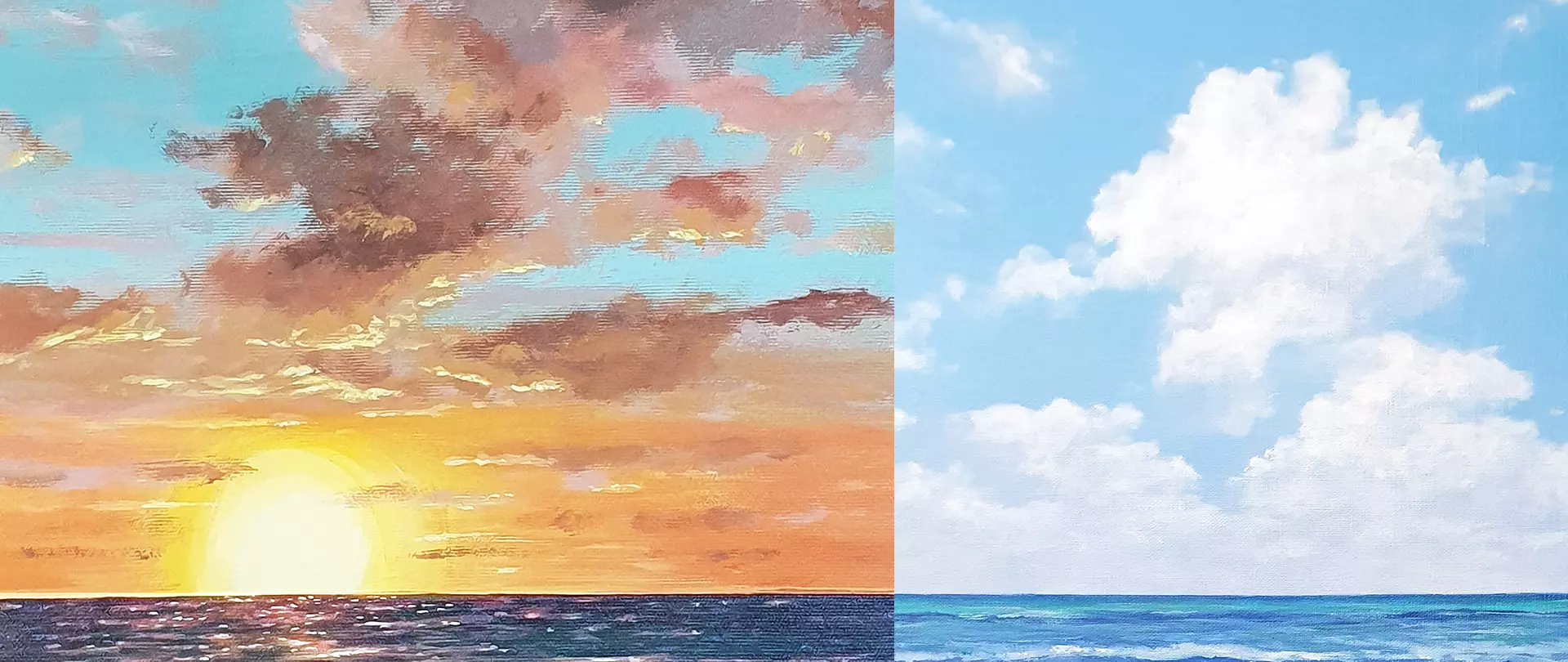 Sonnenuntergang über Meer mit orangefarbenem Himmel und Wolken, blauer Himmel mit weißen Wolken über ruhigem Meer in Acryl erstellt von Elena Romanzin