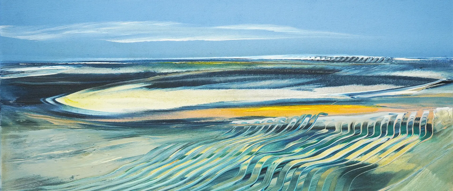Abstrakte Landschaft mit fließenden Linien und Farbverläufen in Blau-, Grün- und Gelbtönen, die Fantasie und Raumwirkung in Acryl verbindet