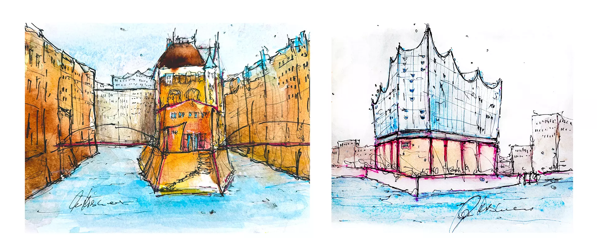 Zwei Urban Sketches von Hamburger Architektur mit Aquarellfarben: links ein Gebäude zwischen Kanälen, rechts die Elbphilharmonie am Wasser erstellt von artistravel Dozentin Anita Hörskens