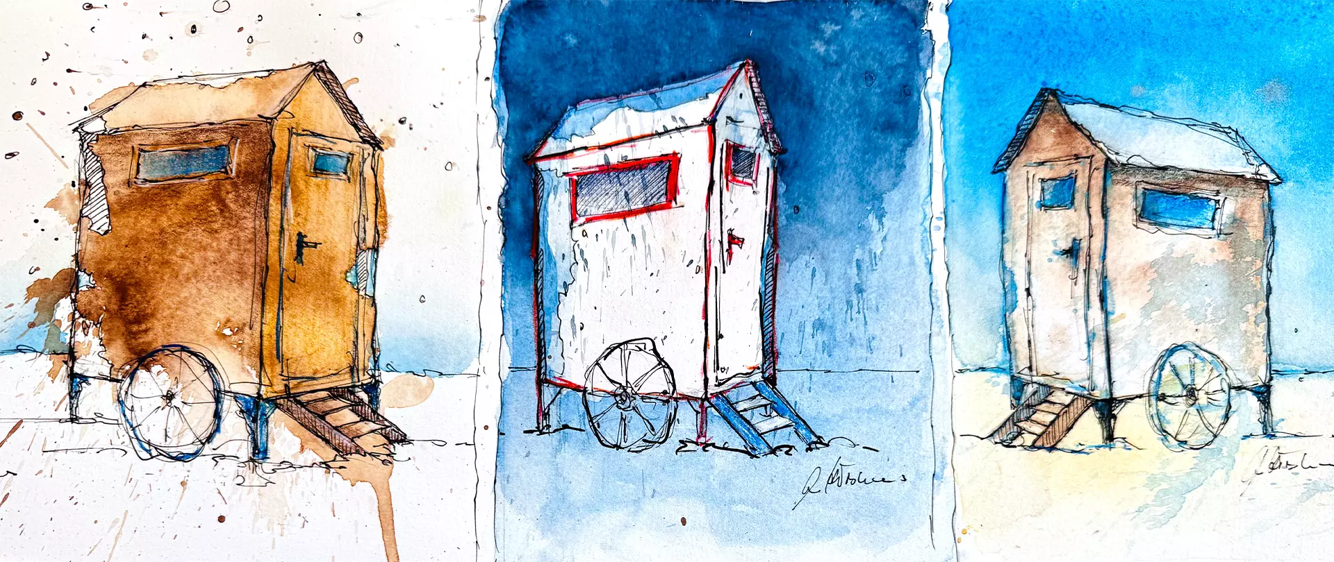 Drei Aquarellskizzen von mobilen Strandhütten auf Rädern, jede mit unterschiedlichen Farbtönen und Details auf Spiekeroog erstellt von artistravel Dozentin Anita Hörskens