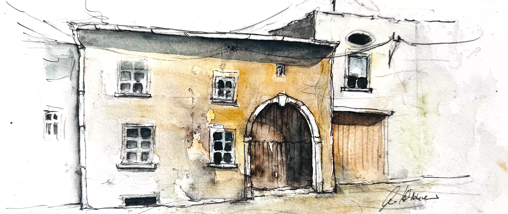 Skizze in Aquarell eines kleines Hauses in einer Häuserreihe in der Toskana