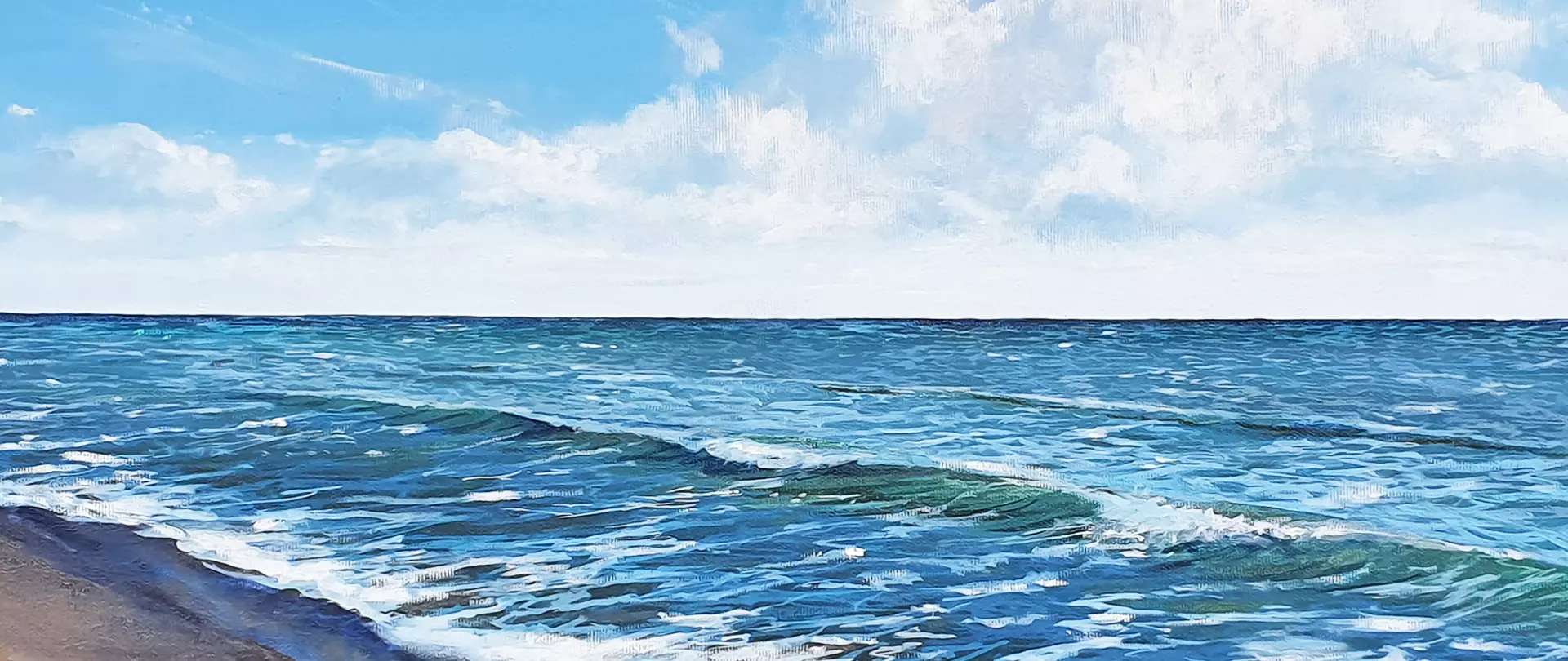 Acrylmalerei eines weiten Meeres mit sanften Wellen unter einem bewölkten Himmel erstellt von artistravel Dozentin Elena Romanzin