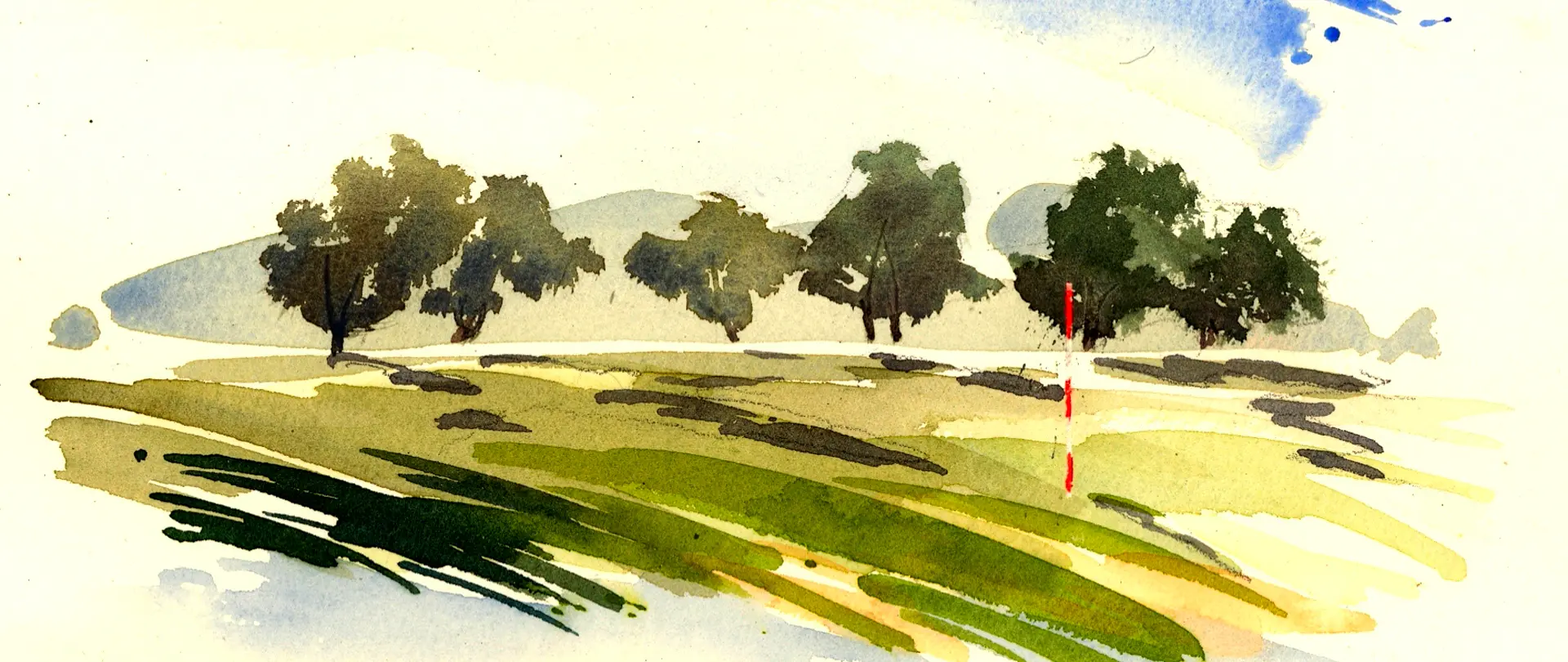 2026: 15. Oktober · Jens Hübner · Live-Online Kurs · Landschaft, Urban Sketching, Sketching · Deutsch Landschaften unterwegs einfach skizzieren Wasserfarbskizze einer Landschaft mit Bäumen und hügeligem Grasland, die das charakteristische Einfangen von Szenerien unterwegs vermittelt
