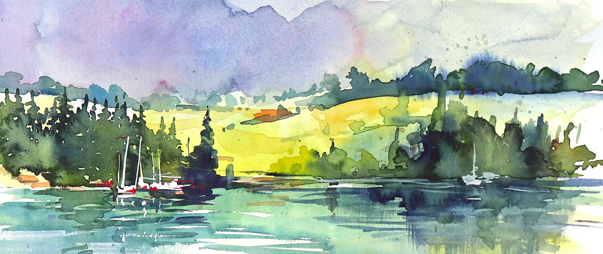 Aquarell-Landschaft mit See, Segelbooten und bewaldeten Hügeln, die die Praxis des Reiseskizzierens in der Natur illustriert