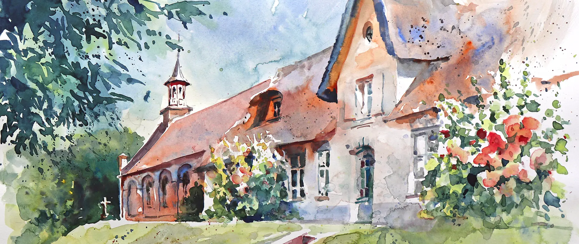 Wassermalfarben-Skizze eines historischen Gebäudes mit Giebel, Blumen und Bäumen, typisch für einen Reiseskizzenkurs in Aquarelltechnik