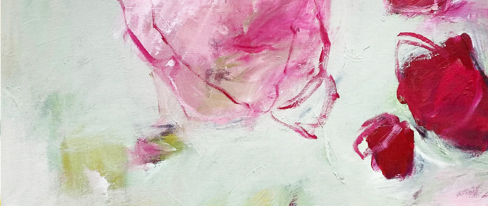 Abstraktes Acrylgemälde mit reduzierten rosa und roten Farbflächen auf hellem Hintergrund, das Ausdruckskraft durch Minimalismus zeigt