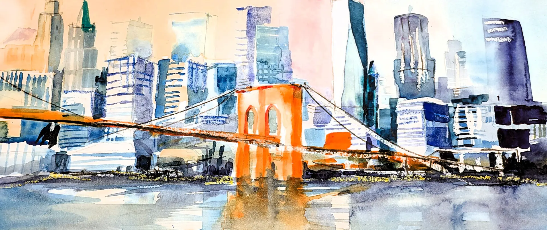 Aquarellmalerei der Skyline mit einer markanten Brücke vor urbanen Hochhäusern in lockerer, vereinfachter Darstellung ohne perspektivische Details