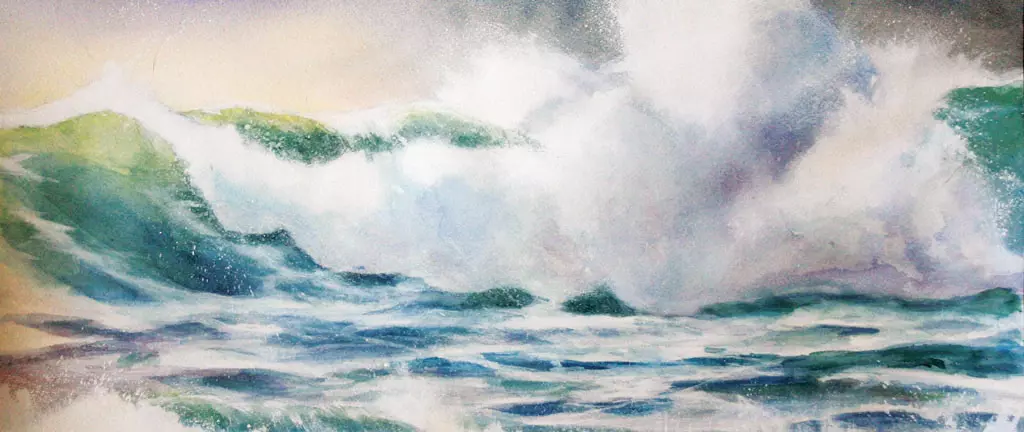 Aquarell eines stürmischen Wattenmeer mit hohen Wellen und Gischt erstellt von artistravel Dozentin Anke Gruss