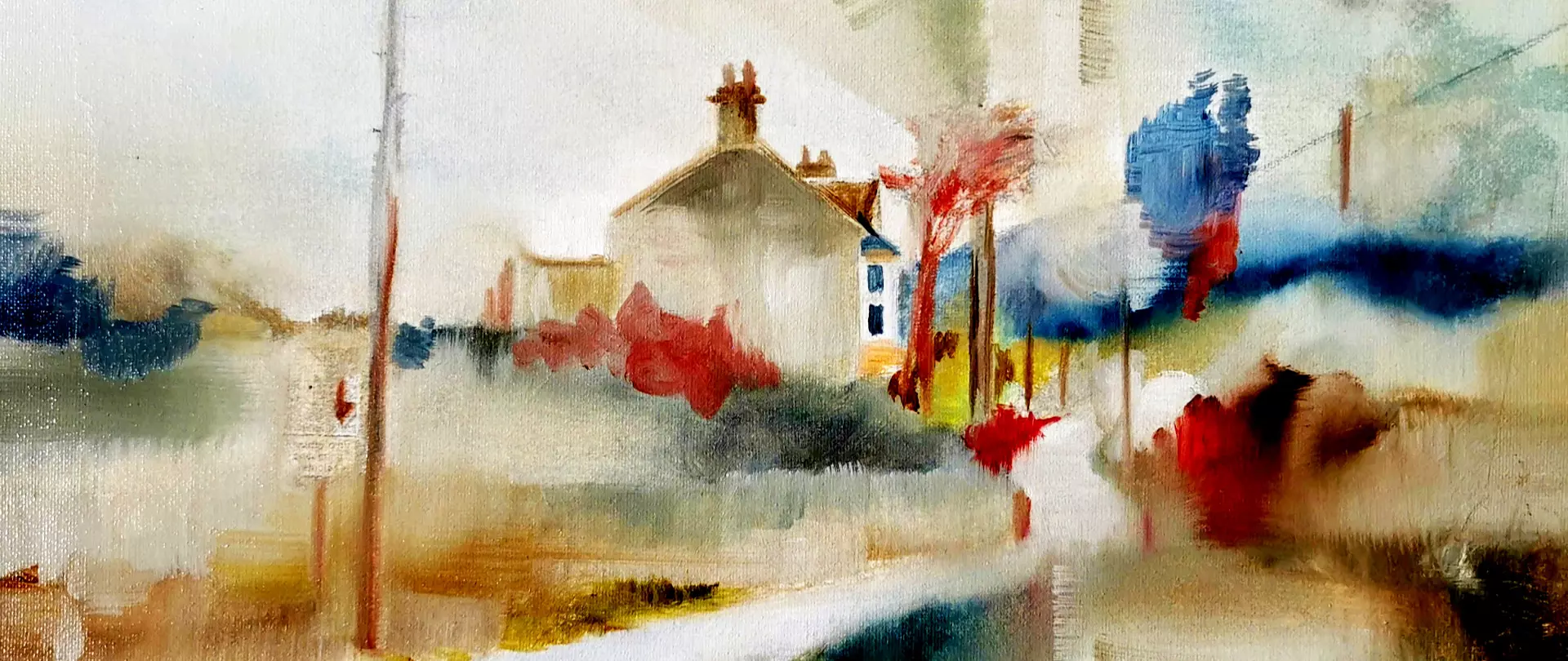 Ölmalerei einer Landschaft mit einem Haus, Bäumen in Rot und Blau und einem Weg im Vordergrund erstellt von artistravel Dozentin Theora Krummel