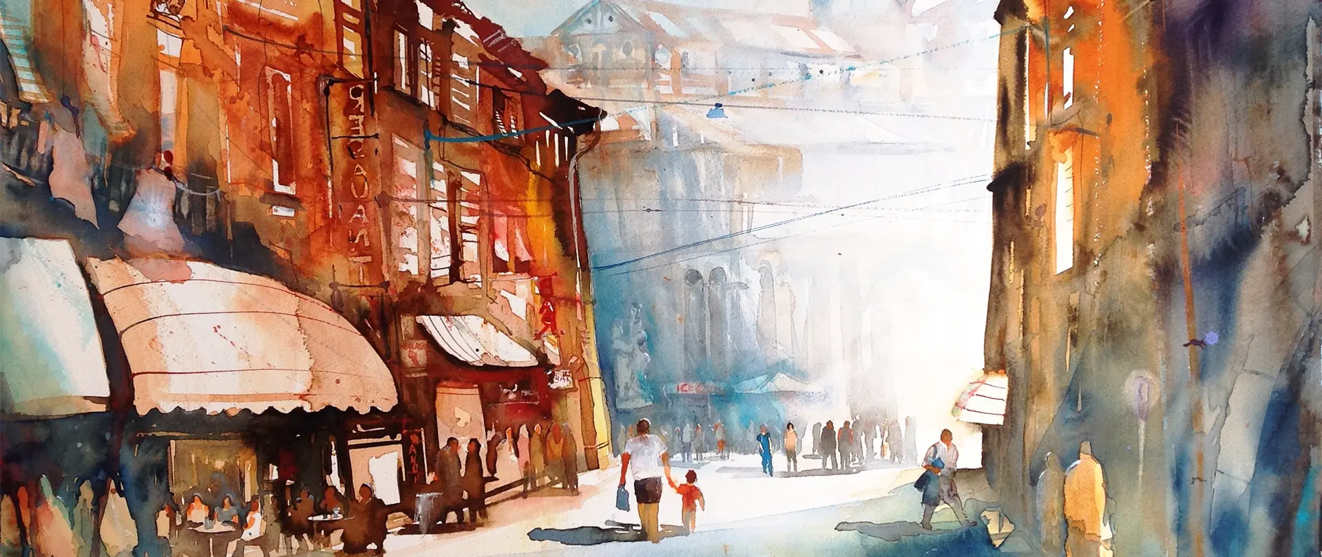 Straße mit Gebäuden in warmen Farben, Personen im hellen Licht, sanfte Schatten und verschwommene Details für stimmungsvolle Aquarellatmosphäre