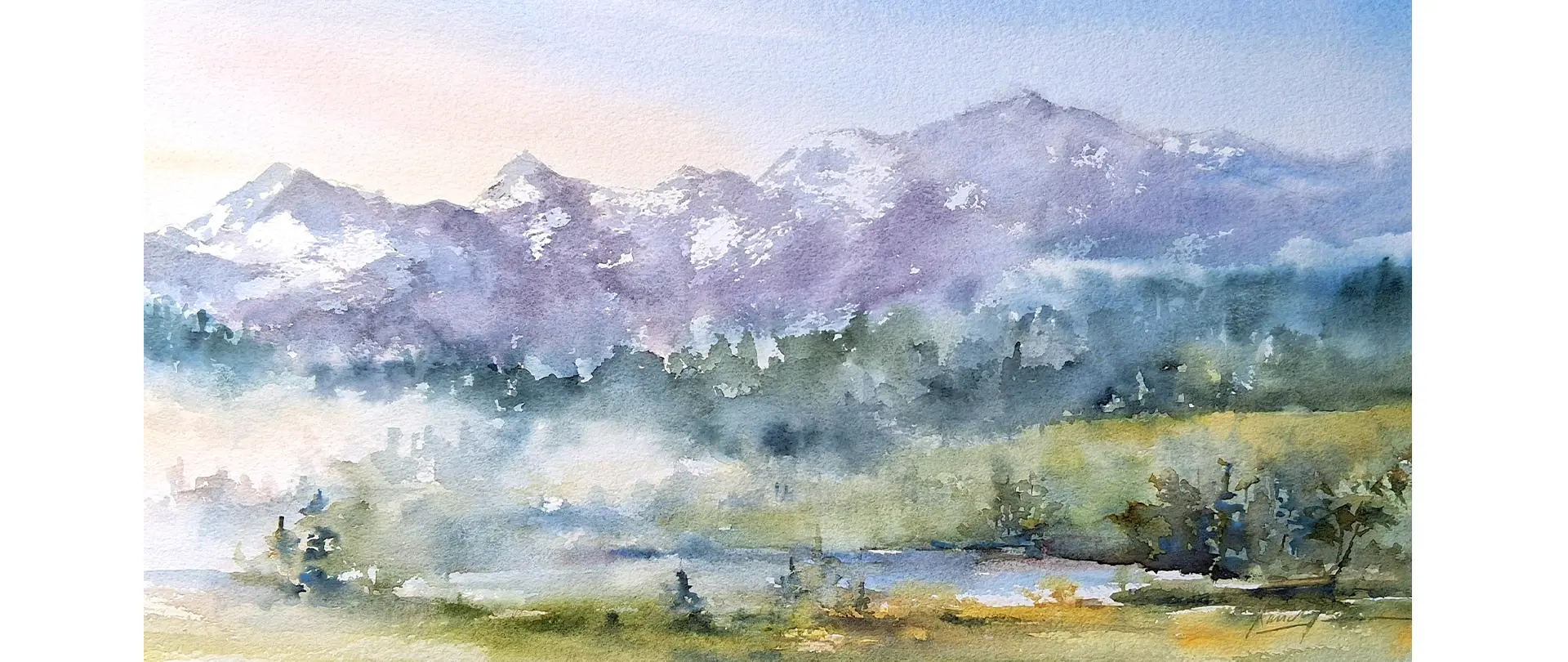 Aquarell Plein Air Aquarellmalerei einer Berglandschaft mit Nebel und Wiese, betont persönliche Farbwahl, Ausdruck und Stimmung des Moments