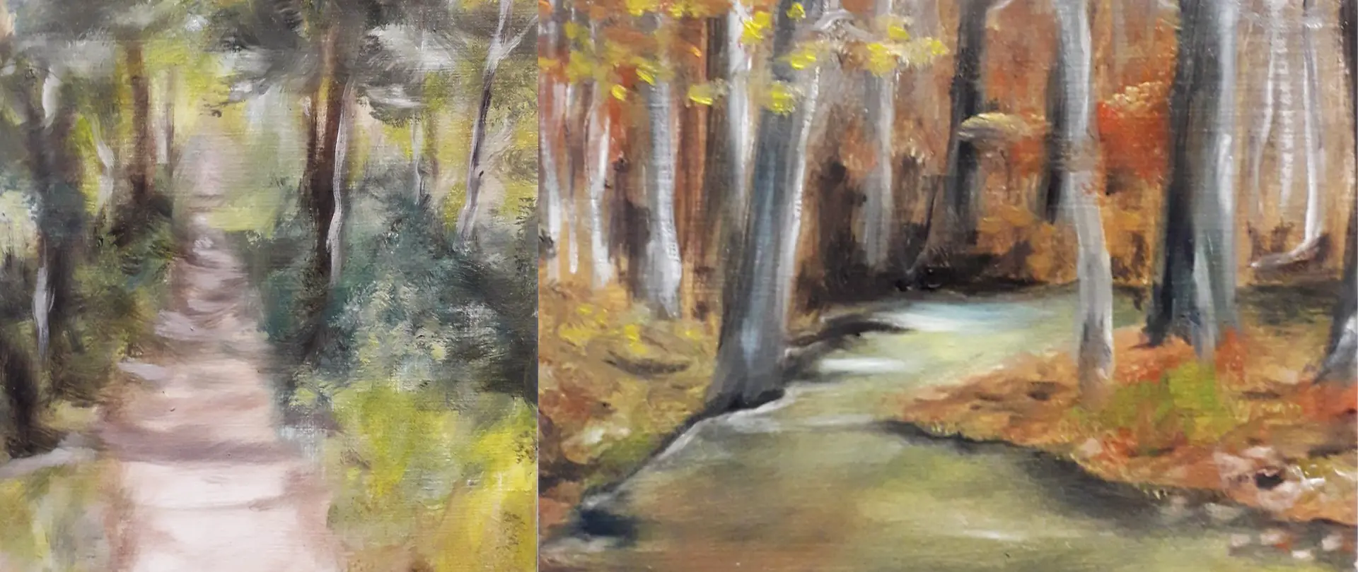 Landschaftsmalerei in Acryl mit Waldwegen und herbstlichen Farben, die besondere Lichtstimmungen und Weite einer Naturkulisse einfangen