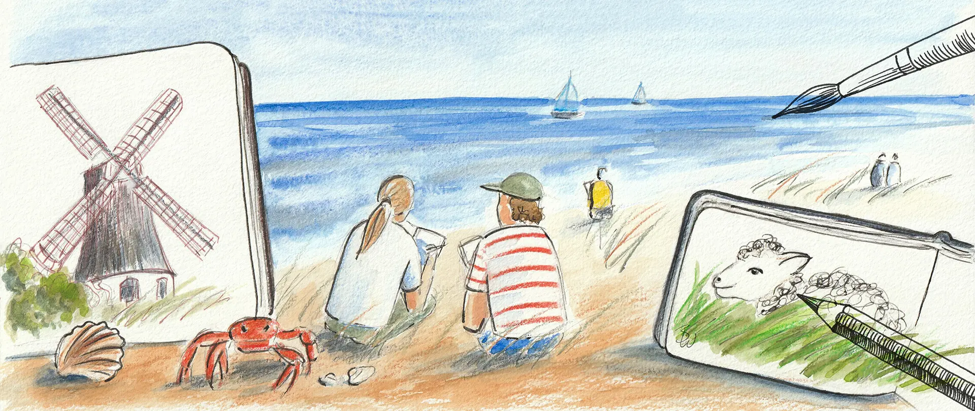 Strandlandschaft mit zwei zeichnenden Personen, Windmühle, Krabbe, Muschel und Skizzenbuch-Motive von Schaf und Landschaft, vermittelt Reiseskizzenkurs auf Föhr