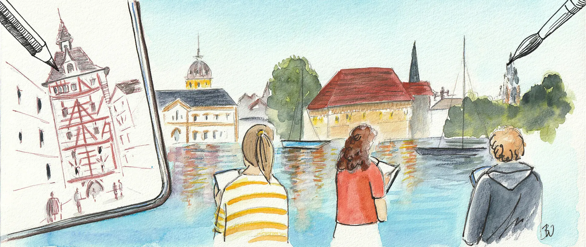 Urban Sketching und Aquarellieren am Bodensee Drei Personen zeichnen und aquarellieren am Bodensee vor historischen Gebäuden in Konstanz, unter Anleitung einer Künstlerin