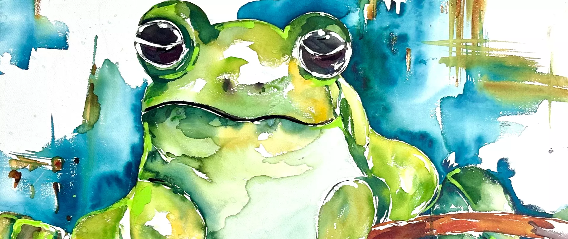 Aquarellbild von einem Frosch der auf einem Ast sitzt und geradeaus blickt.