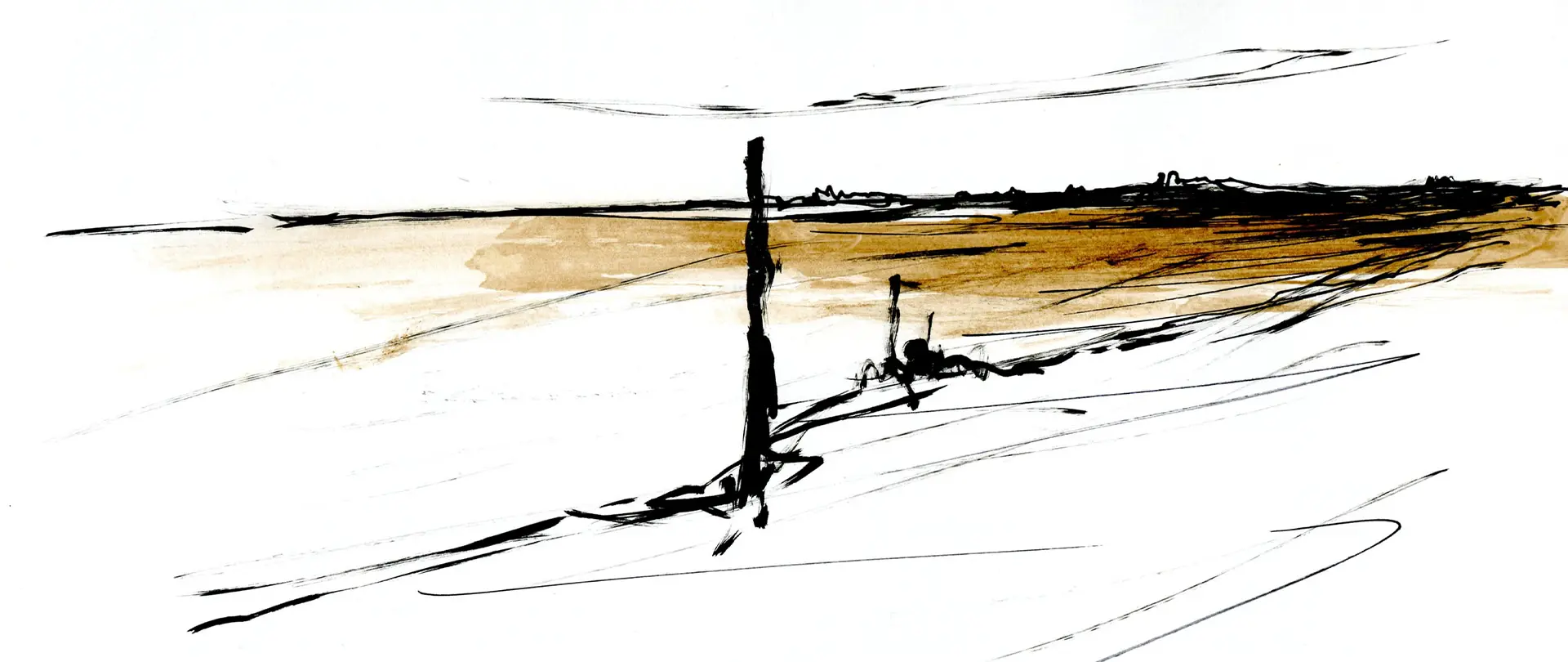 Kompositionslehre - Landschaften Skizze einer Landschaft mit Horizont, Fluchtlinien und Farbverlauf, die räumliche Tiefe und Komposition in der Landschaftsgestaltung zeigt