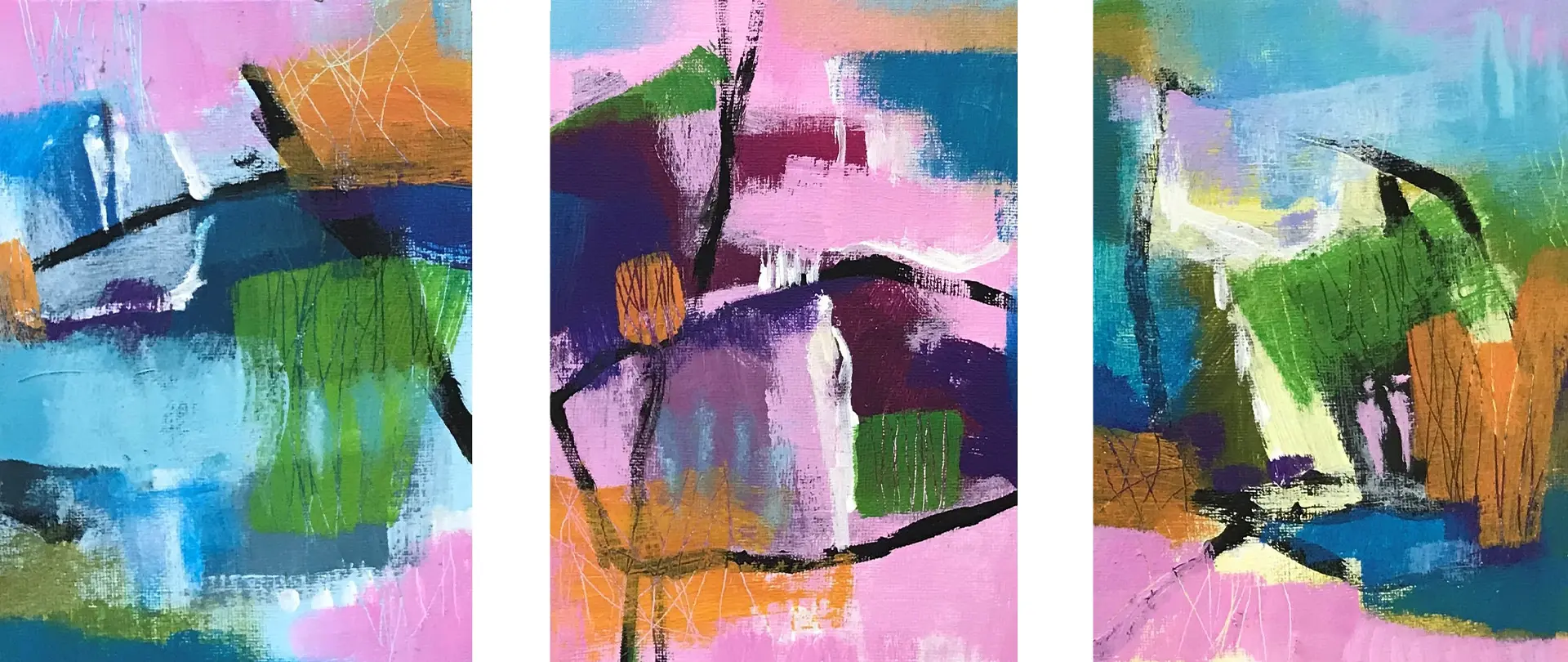 Ideenschmiede - Experimentelle Variationen im Klein- und Großformat Abstrakte, farbenfrohe Malerei mit experimentellen Formen und Formen in Blau, Grün, Pink und Orange, die kreative Spontanität und Intuition widerspiegelt