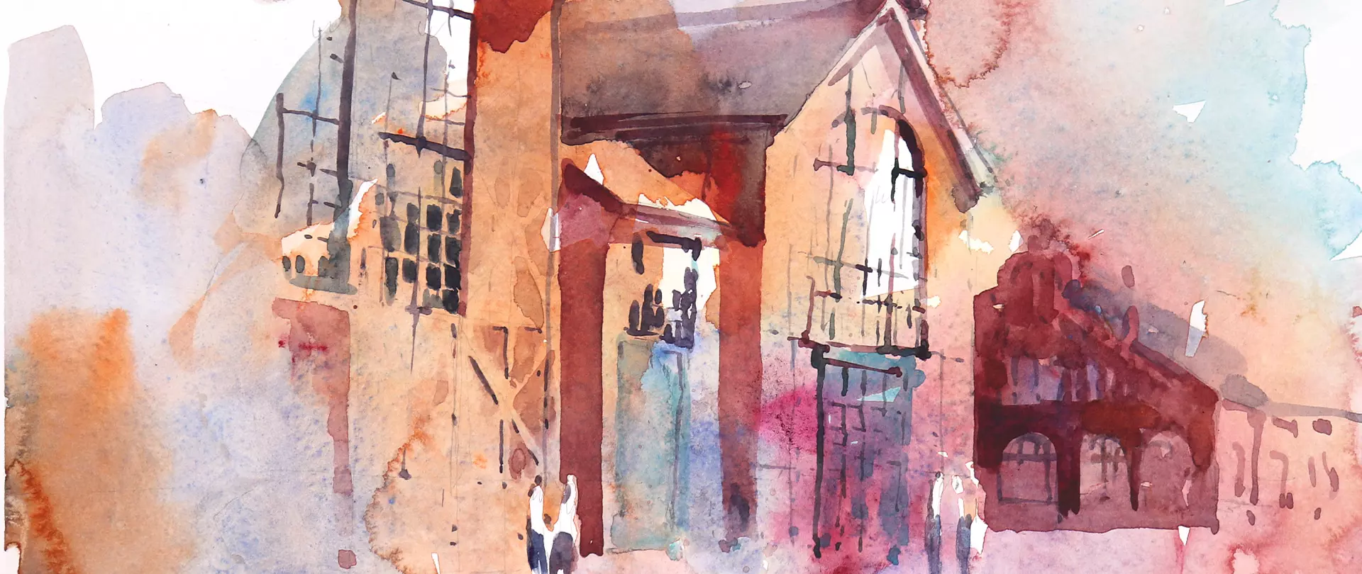 Aquarell einer Altstadt mit hohen Gebäuden und Fenstern, in warmen Rottönen und kühlen Blautönen gemalt erstellt von artistravel Dozentin Reiseskizzen in Aquarell