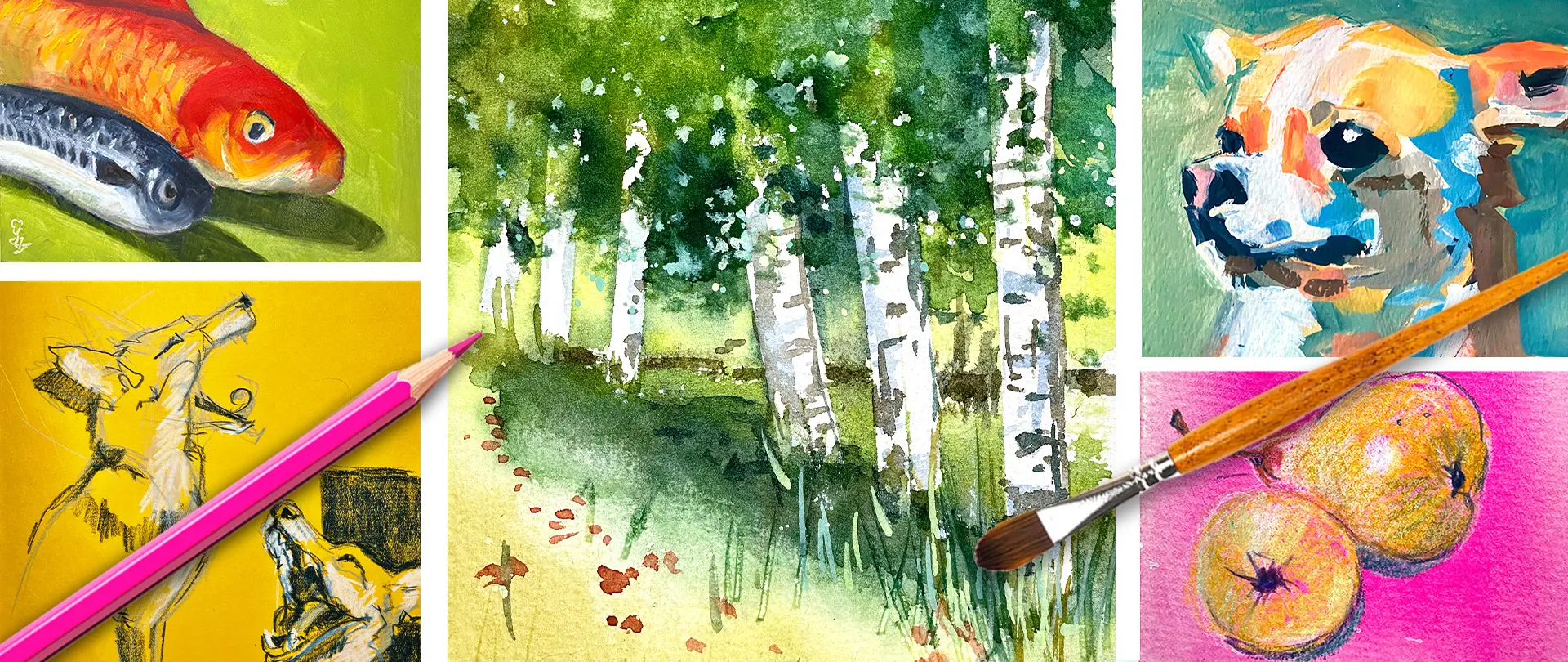 Vielfältige künstlerische Skizzen, Aquarellmalerei mit Birkenwald, Farbpalette und Pinsel als Materialkunde im Kreativ-Workshop