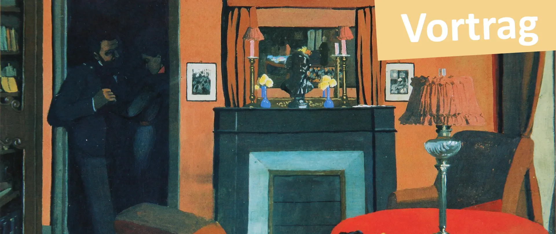 Innenraumdarstellung mit Kamin, zwei Männern im Schatten, orangefarbenen Wänden und Möbeln, als Beispiel für Wandel der Interieurdarstellung in der europäischen Kunstgeschichte