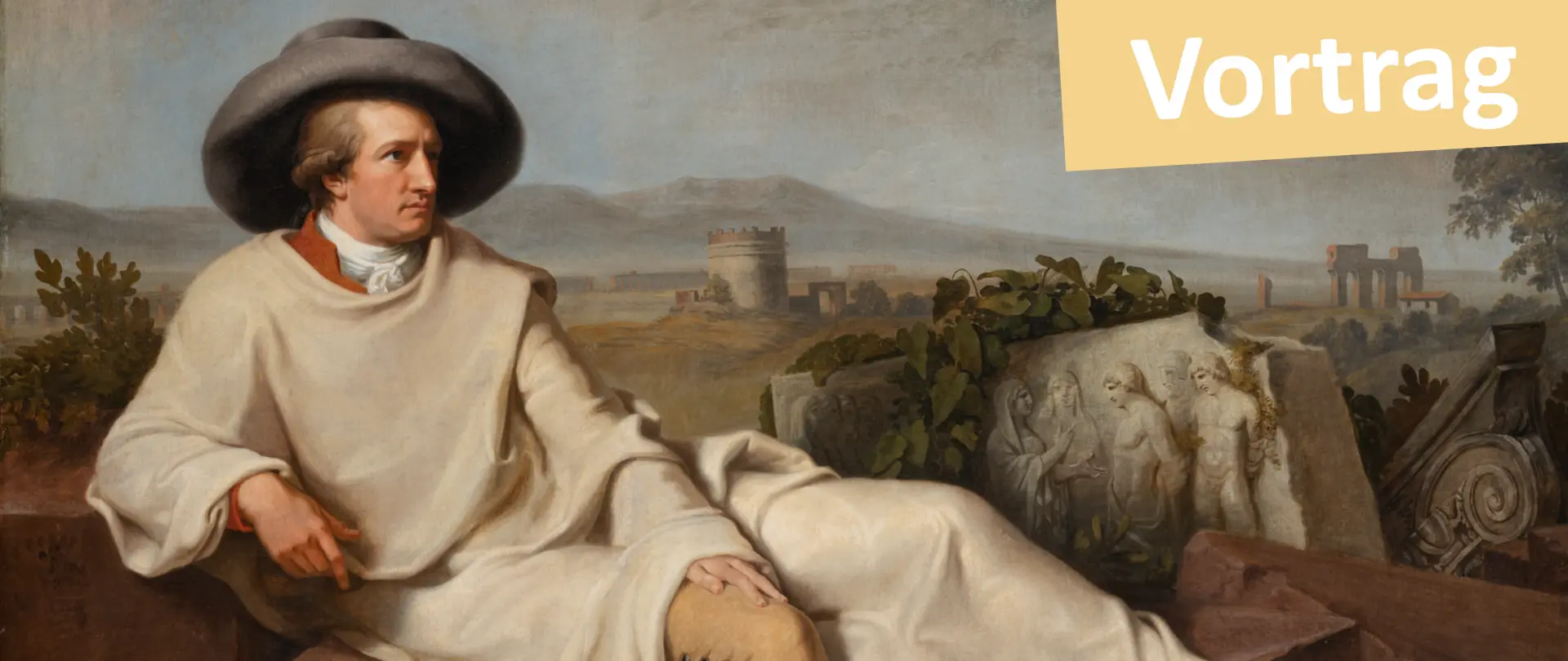 Porträt des französischen Malers Jean Hoüel in Reisekleidung vor antiker Landschaft und Skulpturen, Symbol für die Reiselust von Künstlern im 18. Jahrhundert