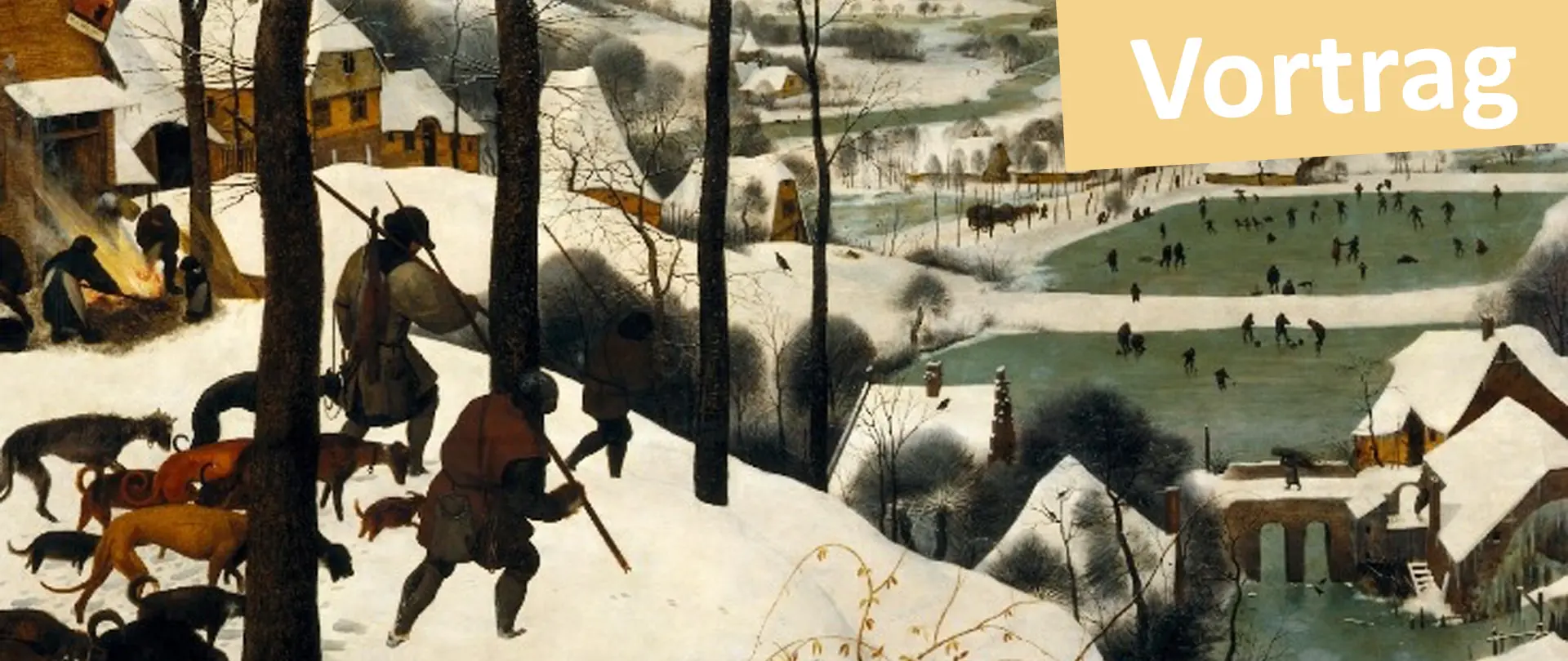Winterliche Landschaft mit Menschen und Hunden im Schnee vor einem gefrorenen See, inspiriert von Kunstwerken im Kunsthistorischen Museum Wien