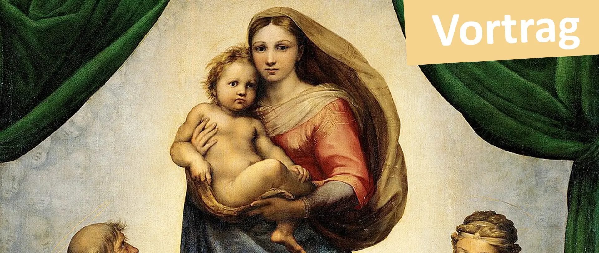 Madonna mit Kind und zwei betenden Figuren vor grünen Vorhängen, klassisches Renaissance-Gemälde aus der Galerie Alte Meister