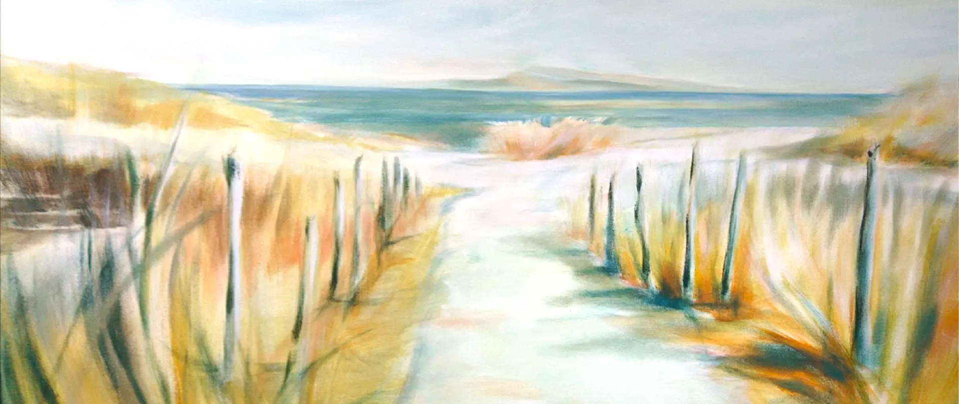 Acrylgemälde zeigt einen Pfad durch Dünen an der Küste von Spiekeroog erstellt von artistravel Dozentin Gabriele Templin-Kirz