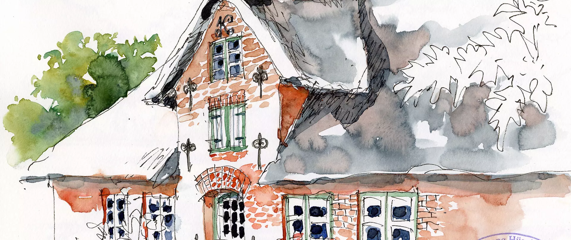 Urban Sketching eines traditionellen Backsteinhauses mit Reetdach auf Borkum, detailliert mit Fenstern und Tür dargestellt erstellt von artistravel Dozent Hans-Christian Sanladerer