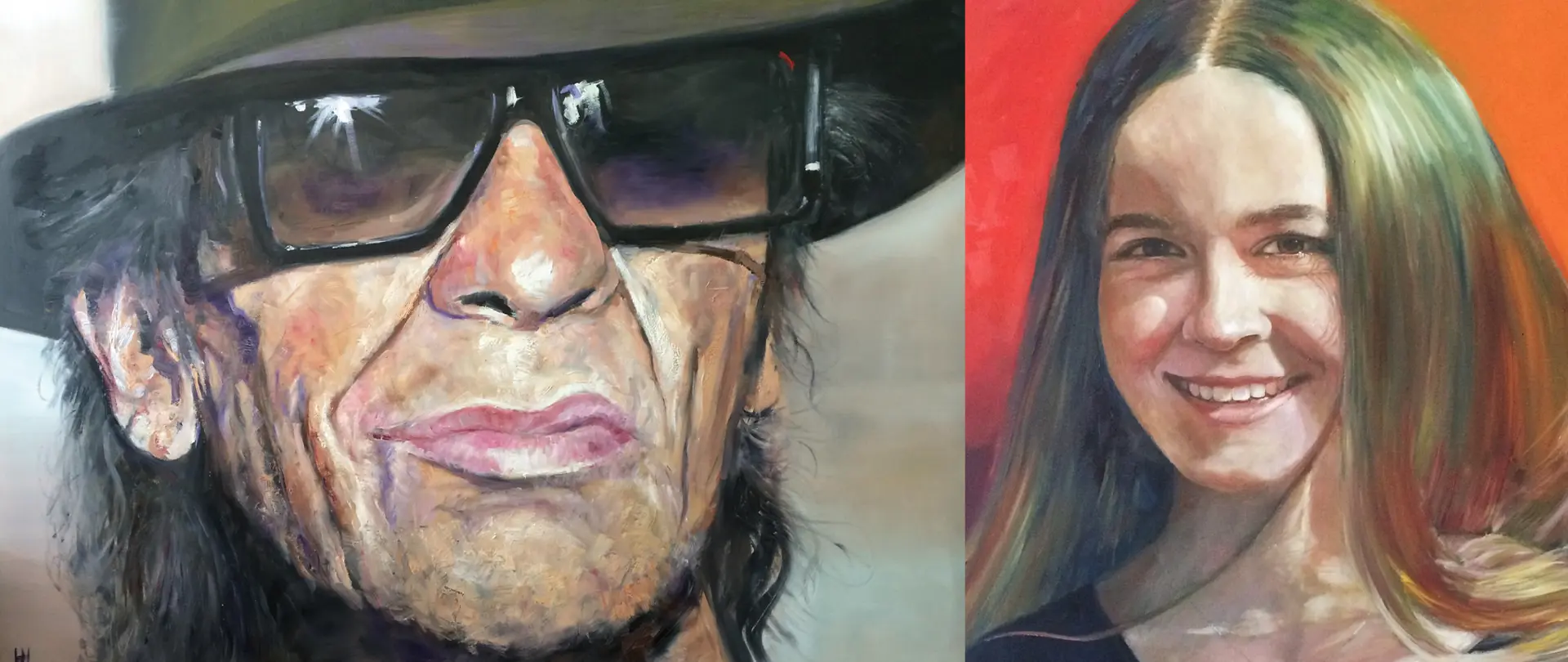 Zwei ausdrucksstarke Portraits, eines älterer Mann mit Hut und Sonnenbrille, das andere junge Frau mit langem Haar vor rotem Hintergrund