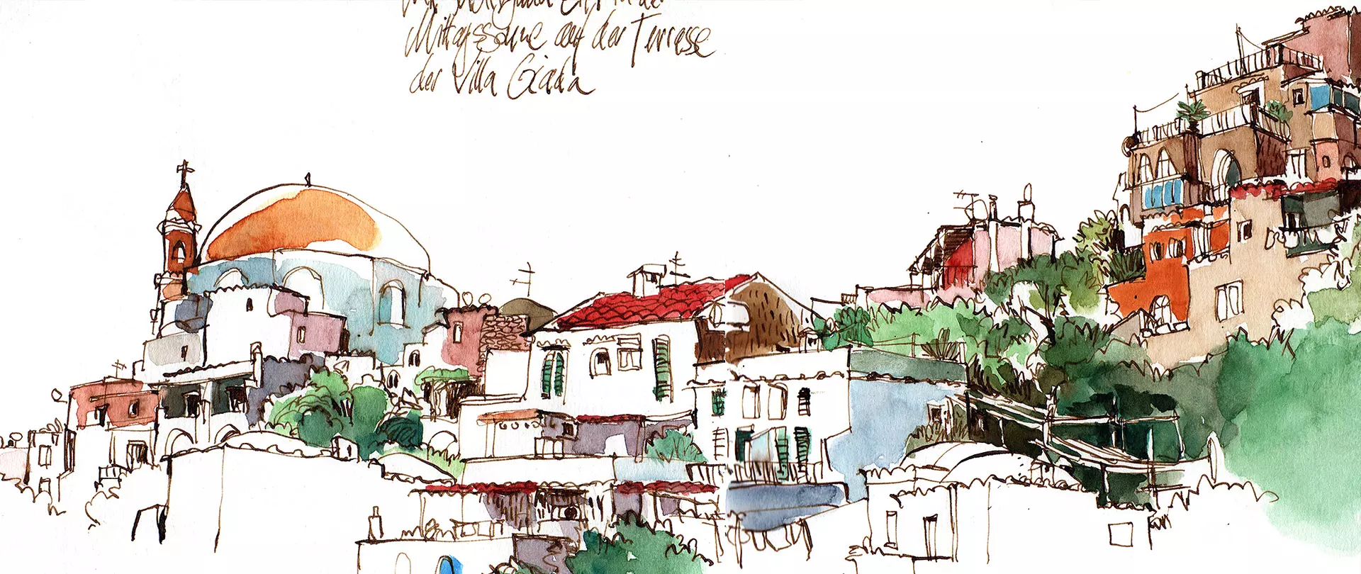 Aquarellskizze eines mediterranen Stadtbildes mit Häusern, einer Kirche mit goldener Kuppel und grüner Vegetation im urbanen Umfeld