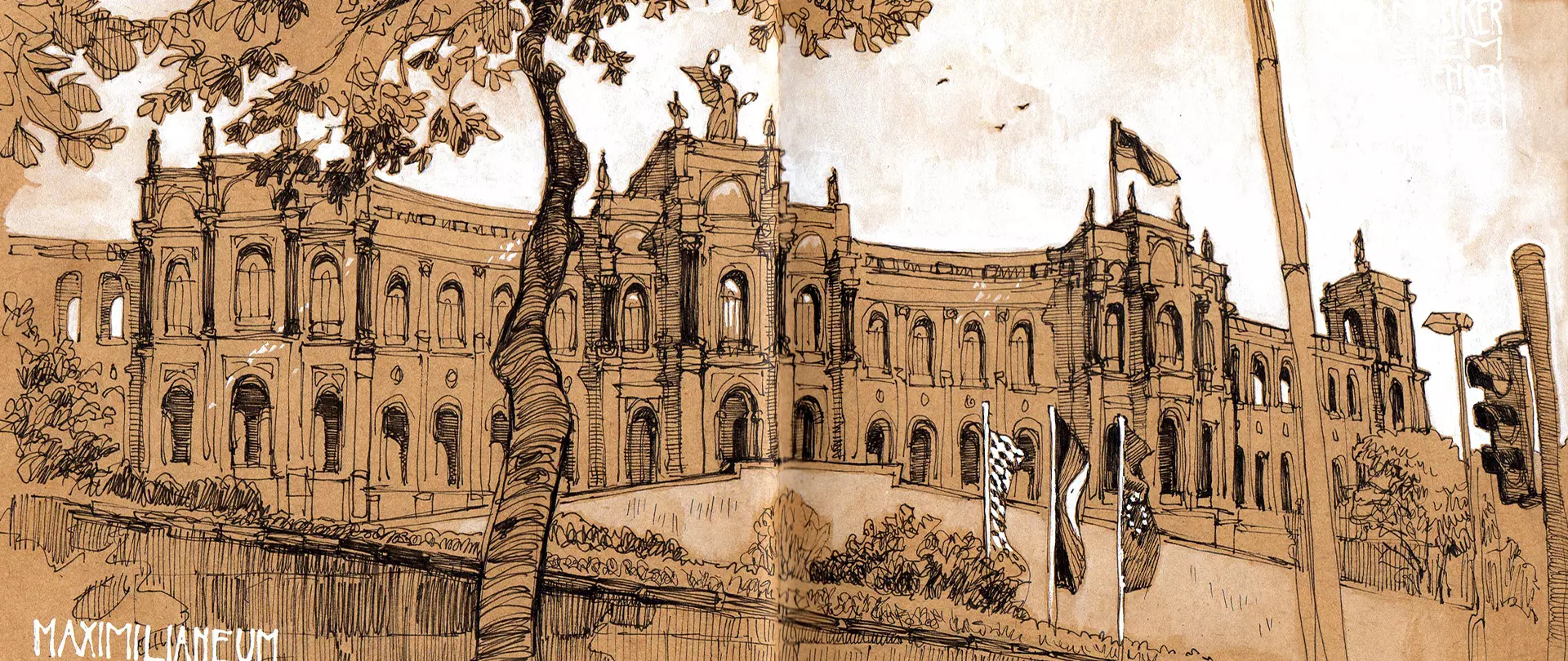 Skizze eines historischen Gebäudes mit detailreicher Architektur, Bäumen und Fahnen, ideal für Urban Sketching in der goldenen Stadt