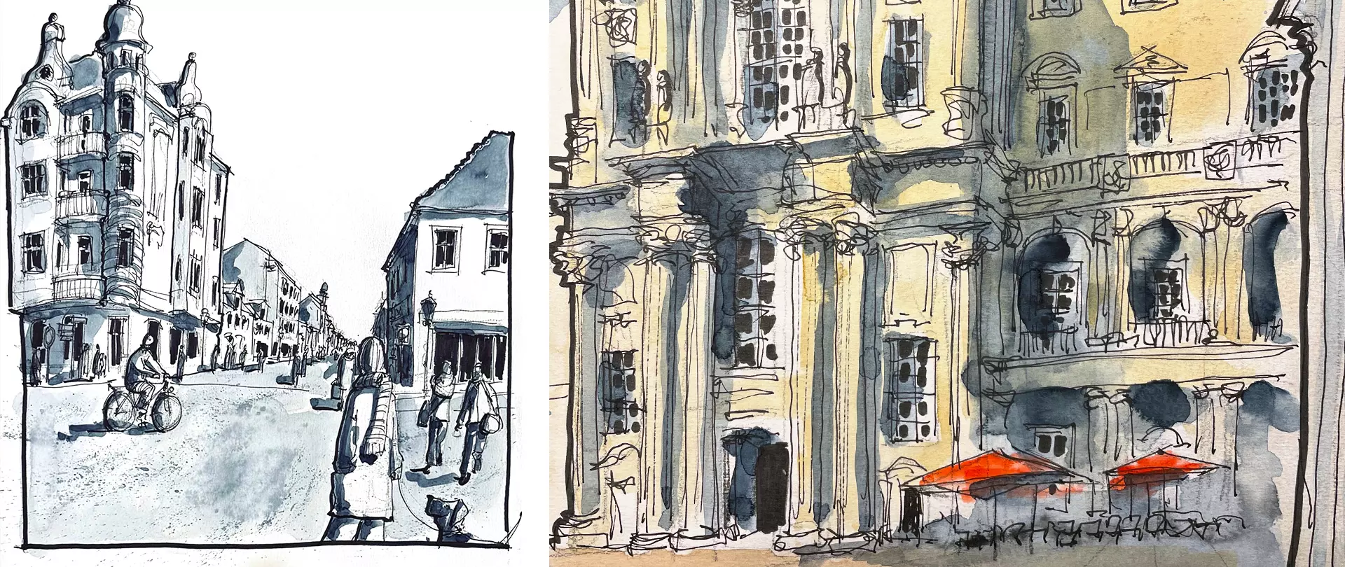 Zwei Urban Sketches, links eine Straßenszene mit Gebäuden und Menschen, rechts ein detailliertes Gebäude mit Balkon und roten Sonnenschirmen erstellt von artistravel Dozent Malte Wulf