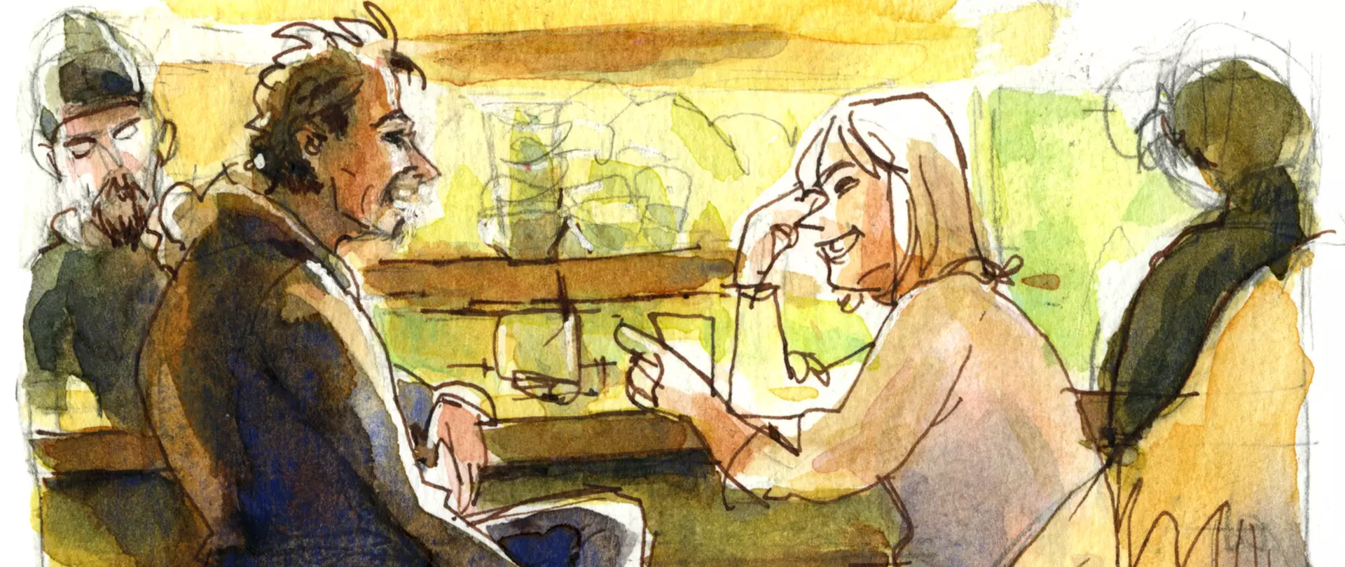 Vier Personen sitzen in einem Café, zwei davon unterhalten sich lebhaft, gezeichnet in lockerem, dynamischem Aquarellstil