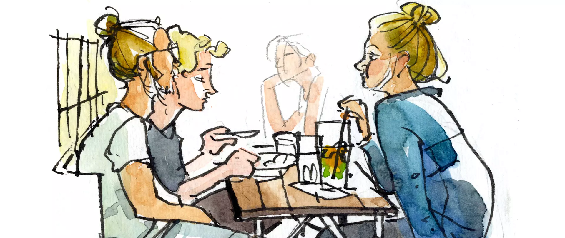 Drei Personen sitzen locker an einem Tisch im Freien, skizziert mit lebendigen Linien und aquarellierten Farben