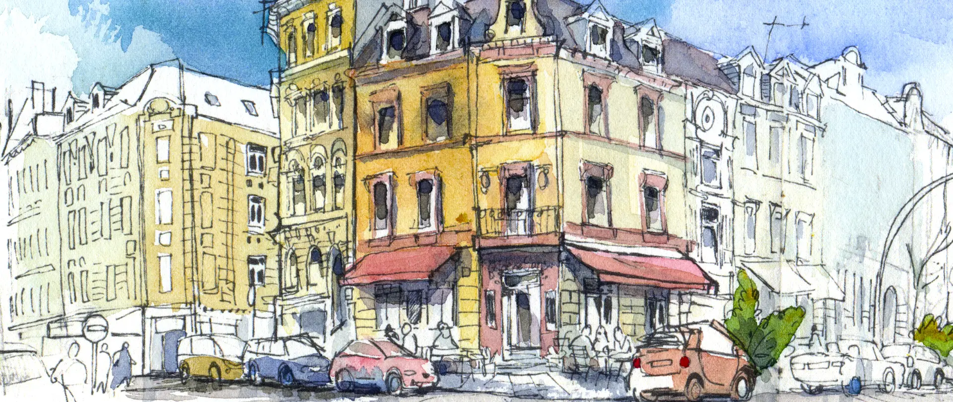 Lebendige urbanistische Straßenszene mit farbigen Gebäuden, Autos und skizzierten Menschen, die den besonderen Ausdruck und die Dynamik des Urban Sketching vermitteln