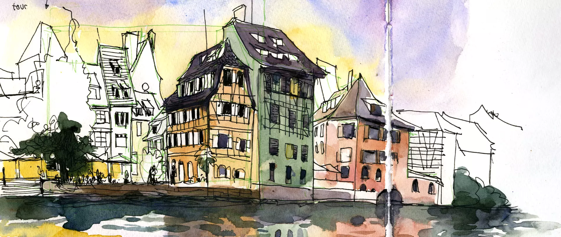 Wassernähe mit historischen Fachwerkhäusern in lebendiger Urban-Sketching-Illustration mit lockeren Linien und gezielten Farbakzenten